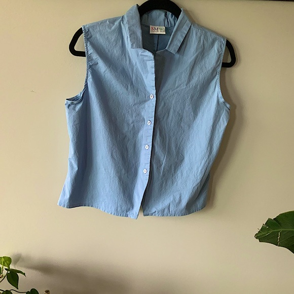 Blue Button Up Sleeveless Blouse - Picture 8 of 10